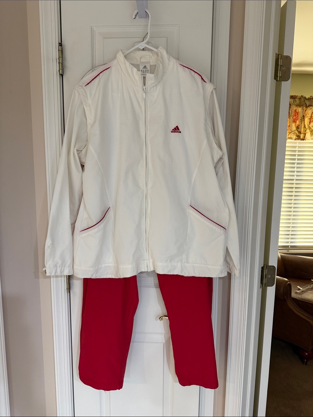 adidas Women’s White Warm Up Jacket with Red Trim and Red Pull on Pants, XL
